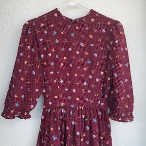 Mennonite Women’s XS Cape Dress Cottagecore Prairie Homemade Amish Burgundy Dots